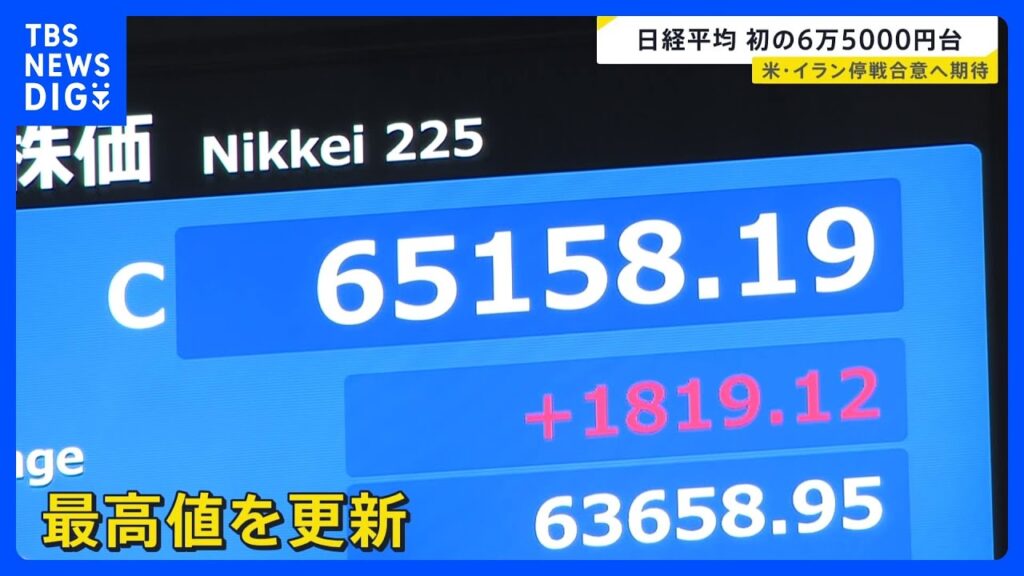 日経平均が初の6万5000円台突破 米イラン交渉でホルムズ海峡開放に期待感 政府は電気・ガス代支援「3か月で5000円」の負担軽減【news23】|TBS NEWS DIG 日経平均が初の6万5000円台突破 米イラン交渉でホルムズ海峡開放に期待感 政府は電気・ガス代支援「3か月で5000円」の負担軽減【news23】|TBS NEWS DIG