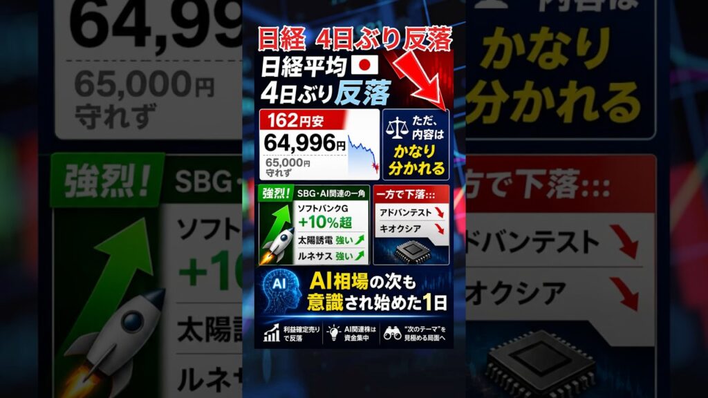 【AI失速？】日経平均4日ぶり反落…SBGだけ異次元高