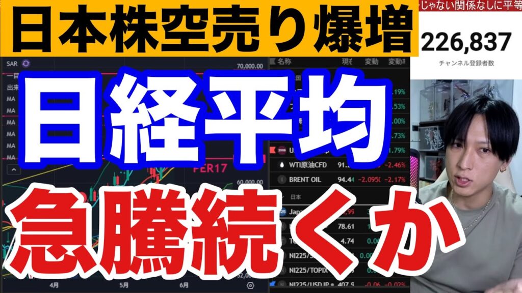 5/27 【日本株空売り爆増で日経平均急騰続くか⁉️日経〇〇円で急落】AI関連、半導体株に月末売り。原油価格ショックに直面‼️ドル円159円。米国株、ナスダック上昇。仮想通貨BTC軟調 5/27 【日本株空売り爆増で日経平均急騰続くか⁉️日経〇〇円で急落】AI関連、半導体株に月末売り。原油価格ショックに直面‼️ドル円159円。米国株、ナスダック上昇。仮想通貨BTC軟調