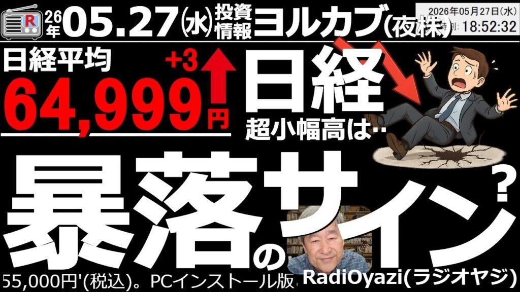 【ヨル株！(投資情報)】日経平均は＋３円と超小幅高。これは暴落サイン？チャートも続落可能性大の形だが時間外の日経先物は反発。明日どうなる？8002丸紅、8031三井物産、8058三菱商事に買いサイン。