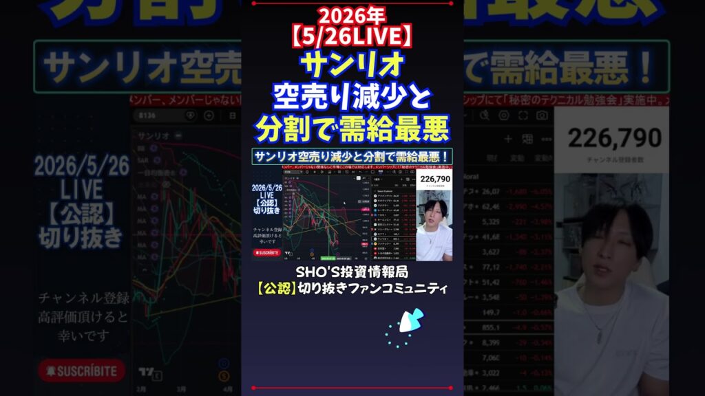 【5/26LIVE】サンリオ空売り減少と分割で需給最悪 #日経平均株価 #投資
