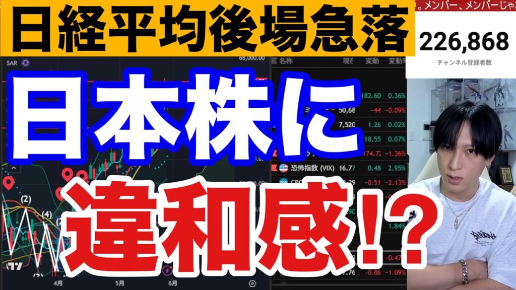 5/28【日本株に違和感⁉️】日経平均後場急落でAI関連、半導体株大幅安。中東情勢懸念で乱高下。６月バリュー株上昇か。MSQ警戒。ドル円159円。米国株、ナスダック上昇。仮想通貨BTC軟調