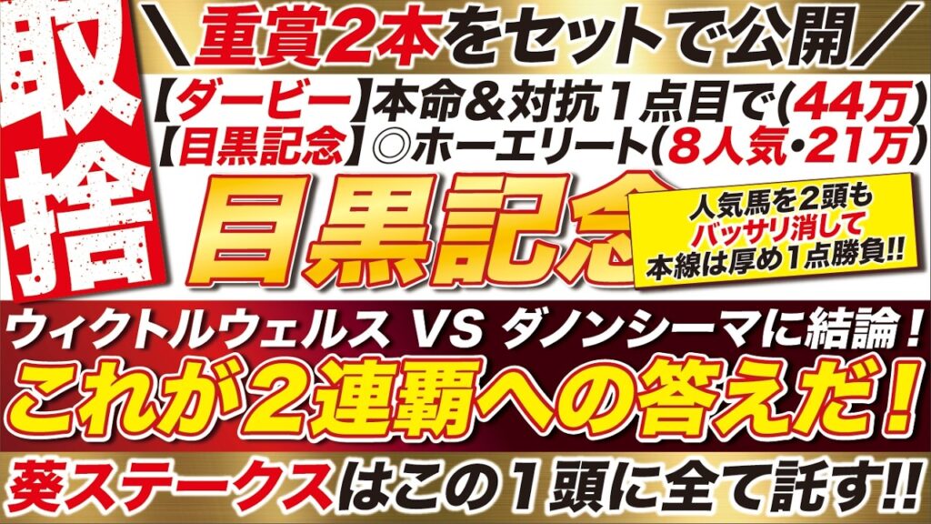 🎯２連覇へ→【目黒記念2026予想】勝負は日本ダービーだけじゃない！ウィクトルウェルス VS ダノンシーマに結論！葵ステークスも公開！