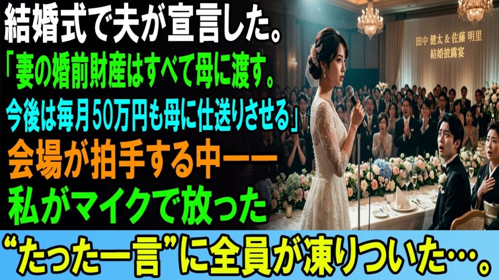 結婚式で夫が宣言した。 「妻の婚前財産はすべて母に渡す。 今後は毎月50万円も母に仕送りさせる」 会場が拍手する中―― 私がマイクで放った “たった一言”に全員が凍りついた…。