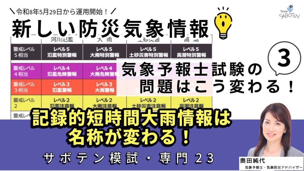 気象予報士試験の問題はこう変わる（３）新しい防災気象情報への取り組み（気象予報士:奥田純代）【Team SABOTEN 気象専門STREAM.(894)】