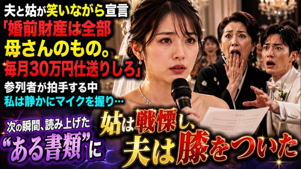 夫と姑が笑いながら宣言した結婚式。「お前の婚前財産は全部母さんのもの。毎月30万円も仕送りしろ」参列者が拍手する中、私は静かにマイクを握った読み上げた“ある書類”に姑は戦慄し夫は愕然として膝をついた。