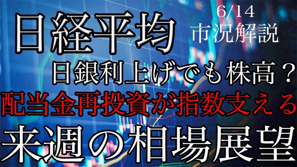 6/14【日経平均】日銀利上げでも上振れ余地あり！配当再投資で指数支えられる！来週の相場展望考察！