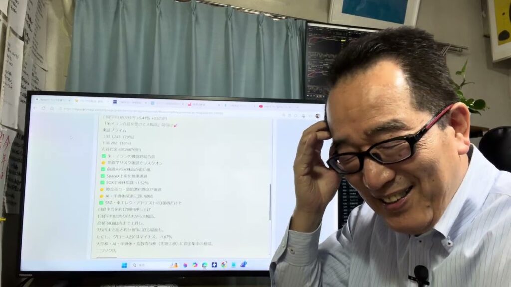 6月15日（月）日経平均は3297円高69317円、史上最高値更新。戦闘終結は区切りとして好感され、先行き一段高を見込む強気の声相次ぐ。