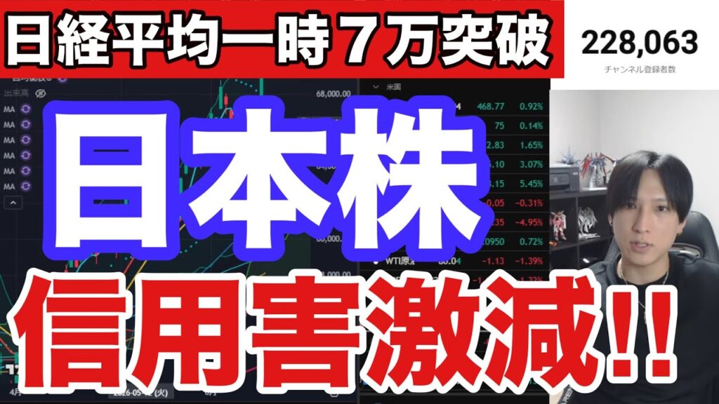 【日本株信用害が激減‼】日経平均７万突破で利食い先行。AI関連、半導体株相場続く。日銀利上げもドル円160円。原油価格急落。スペースX急騰。米国株、ナスダック最高値。仮想通貨BTC反発