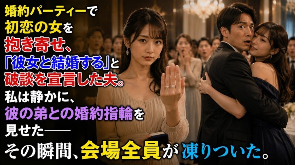 婚約パーティーで初恋の女を抱き寄せ、「彼女と結婚する」と破談を宣言した夫。私は静かに、彼の弟との婚約指輪を見せた――その瞬間、会場全員が凍りついた。 婚約パーティーで初恋の女を抱き寄せ、「彼女と結婚する」と破談を宣言した夫。私は静かに、彼の弟との婚約指輪を見せた――その瞬間、会場全員が凍りついた。