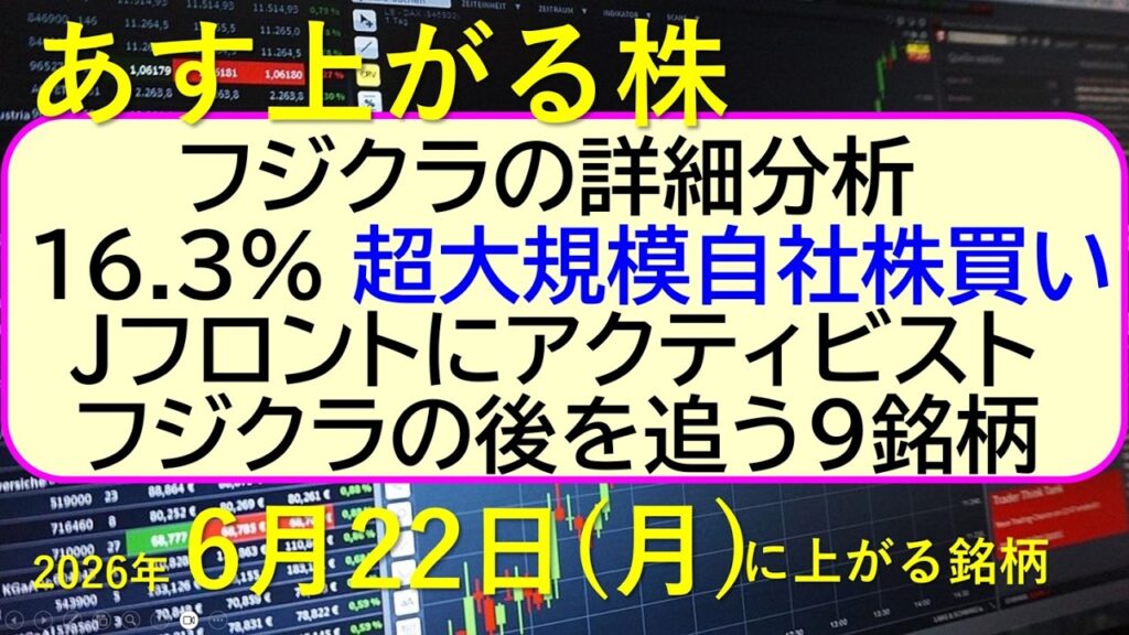 フジクラの詳細分析。16.3%の超大規模自社株買い。Ｊフロントにアクティビスト。フジクラを追う銘柄～あす上がる株　2026年６月２２日（月）に上がる銘柄。最新の日本株情報。高配当株の株価やデイトレ情報