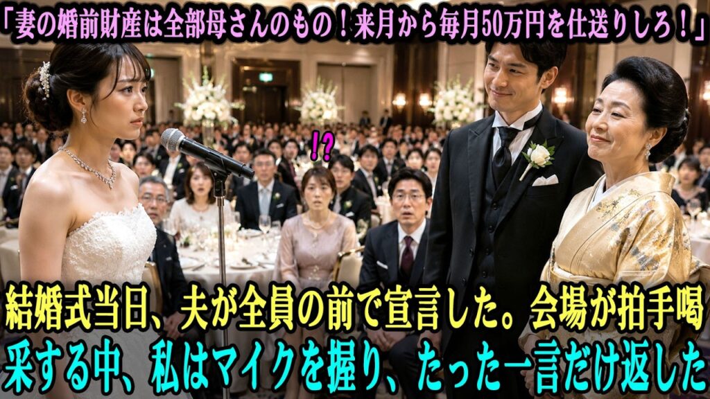結婚式で夫が『妻の婚前資産は全て母のもの、毎月50万円仕送り』と宣言…会場拍手の中、私がマイクで一言...