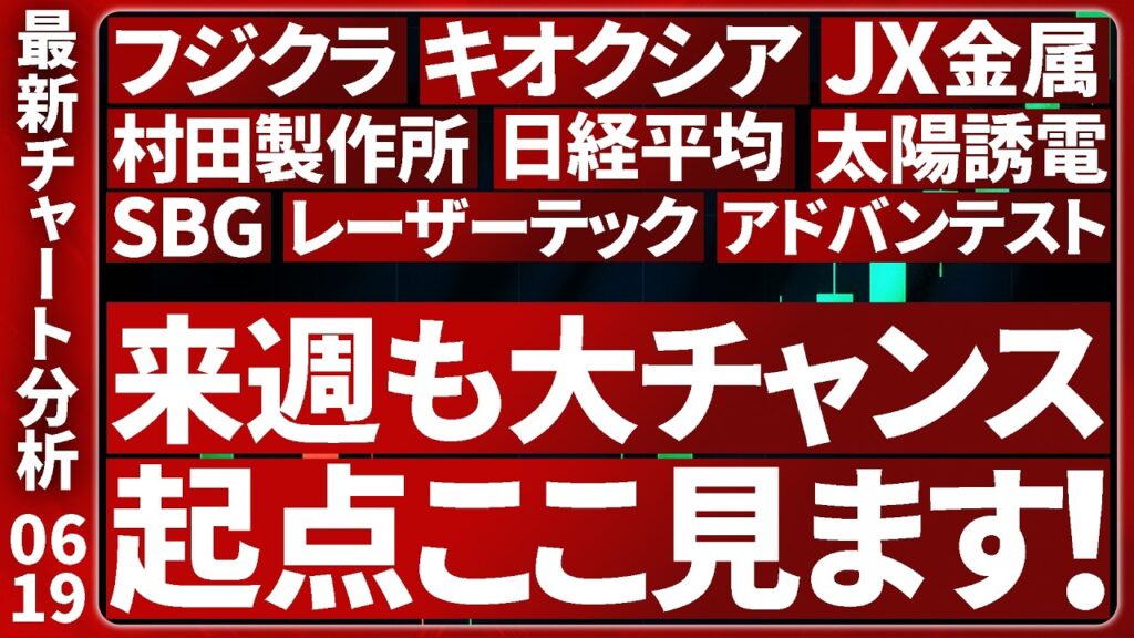 6/19【注目の買い場狙い大公開】 日本株の最新テクニカル分析！注目個別株８選のトレード戦略を徹底解説します【日経平均・キオクシア・SBG・レーザー・アドバン・太陽誘電・村田製作所・フジクラ・JX】
