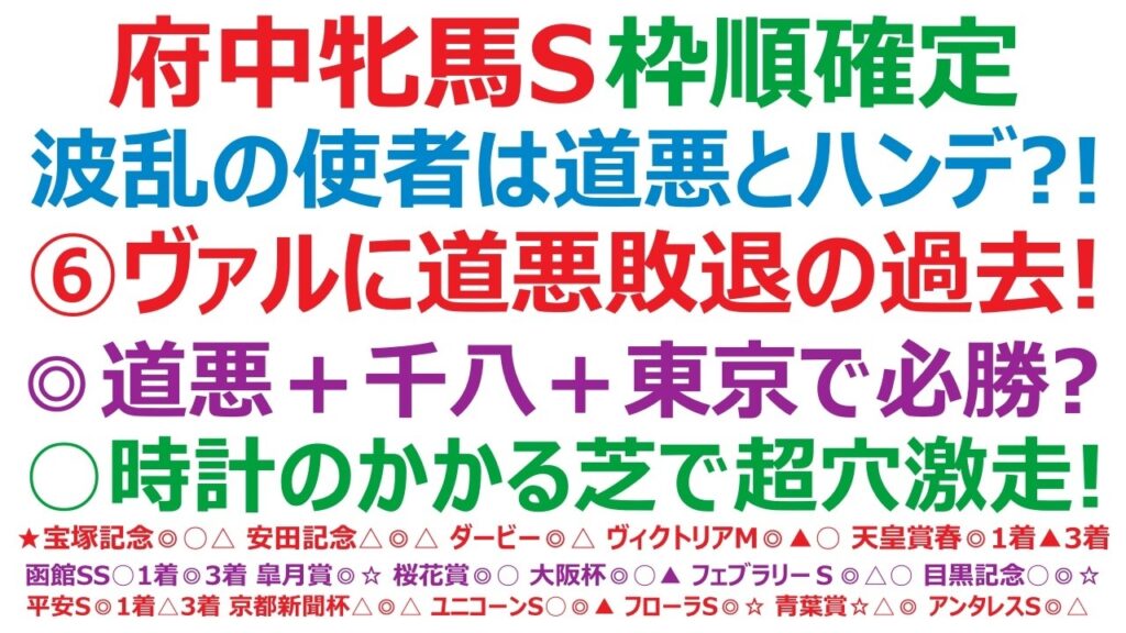 【府中牝馬ステークス2026】枠順確定　波乱の使者は道悪とハンデ？！⑥ヴァルキリーバースに道悪敗退の過去あり！◎道悪＋千八＋東京で必勝態勢！○時計のかかる道悪芝で、超大穴激走がある！