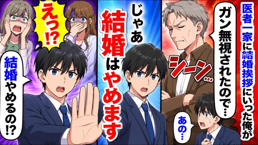 【漫画】医者一家の義父に結婚挨拶をガン無視された俺が婚約破棄したら、後日病院中が大混乱して助けを求められ…【恋愛マンガ動画】