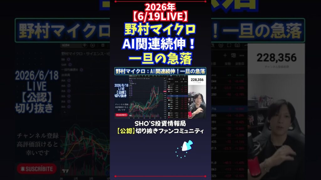 【6/19LIVE】野村マイクロAI関連続伸！一旦の急落 #日経平均株価 #投資