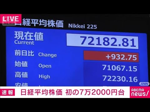 【速報】日経平均 初の7万2000円　AI半導体関連企業への期待で買い広がる(2026年6月22日)