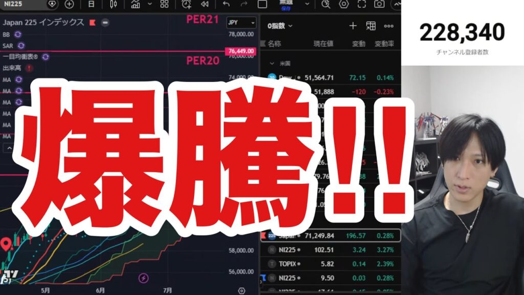 【日経平均76,000円へ急騰か⁉】ドル円崩壊ヤバい→円安加速で海外勢の日本株売り継続⁉AI半導体株爆上げ→キオクシア鍵、フジクラS高。米国株、ナスダック強い。仮想通貨BTC弱
