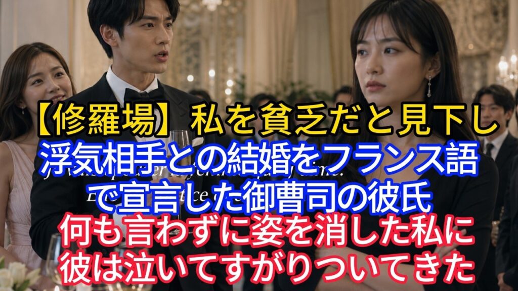 【修羅場】私を貧乏だと見下し、浮気相手との結婚をフランス語で宣言した御曹司の彼氏。何も言わずに姿を消した私に、彼は泣いてすがりついてきた