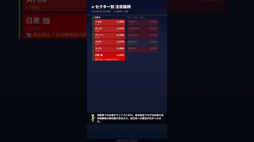 【6/23】日経平均2565円安で7万円割れ!村田・ソフトバンクGが10%安、AIラリー一服で半導体総崩れ|ずんだもん #shorts 【6/23】日経平均2565円安で7万円割れ!村田・ソフトバンクGが10%安、AIラリー一服で半導体総崩れ|ずんだもん #shorts