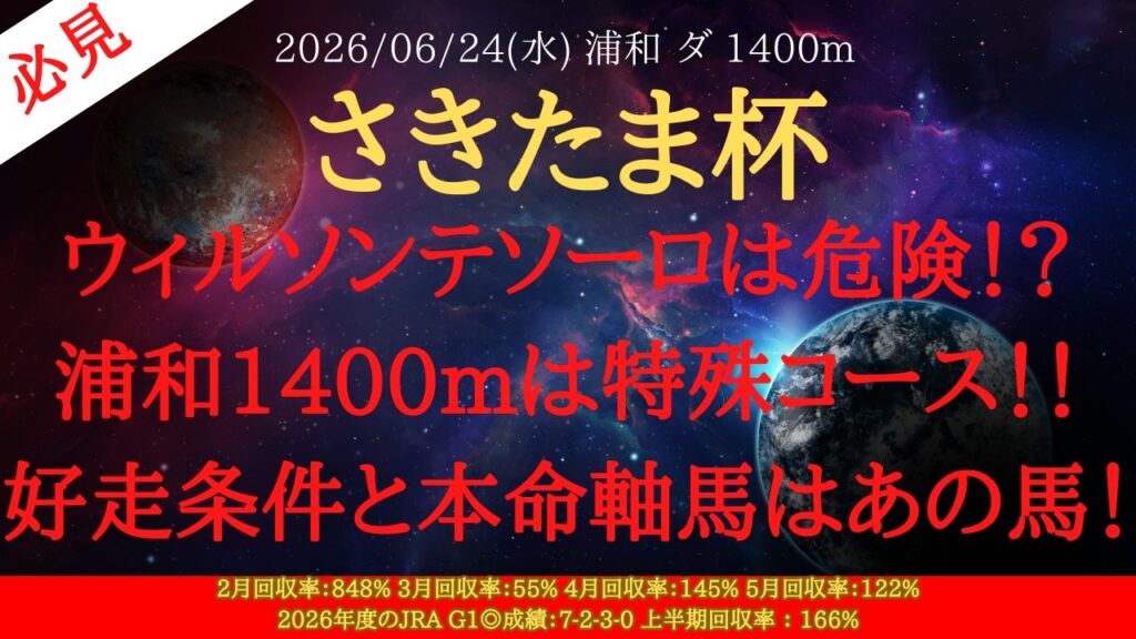 【 最終結論 】さきたま杯 2026 予想 ウィルソンテソーロは危険!?浦和1400mは特殊コース!!好走条件と本命軸馬はあの馬!【地方競馬予想】 【 最終結論 】さきたま杯 2026 予想 ウィルソンテソーロは危険!?浦和1400mは特殊コース!!好走条件と本命軸馬はあの馬!【地方競馬予想】