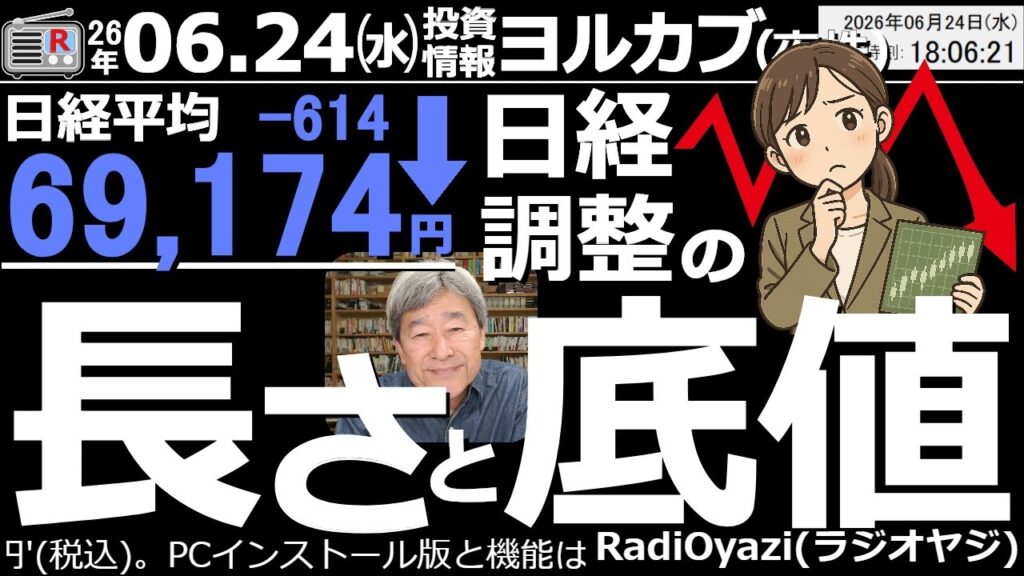 【ヨル株！(投資情報)】日経平均は調整２日目。今日も続落した。285Aキオクなどの主力銘柄が、まだ売りに押されている。日経平均は最短であと３営業日調整して、底値は67,000円～66,000円と予想。