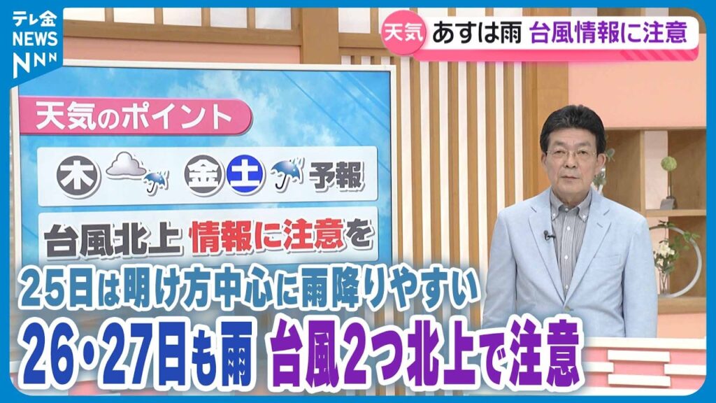 【お天気どうなる】25日は明け方中心に雨降りやすい 26・27日も雨 台風2つ北上で注意 【お天気どうなる】25日は明け方中心に雨降りやすい 26・27日も雨 台風2つ北上で注意