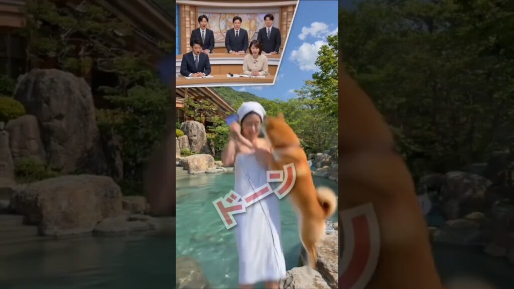 【放送事故】温泉レポート中の女子アナに柴犬タックル炸裂w