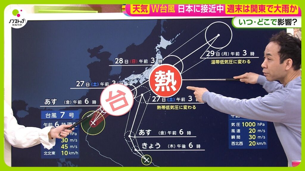 【Ｗ台風接近中】7号･8号土曜日未明に四国あたりで“合体”！？ 関東も終日大雨か 今後の詳しい進路を天達気象予報士解説【ノンストップ！】