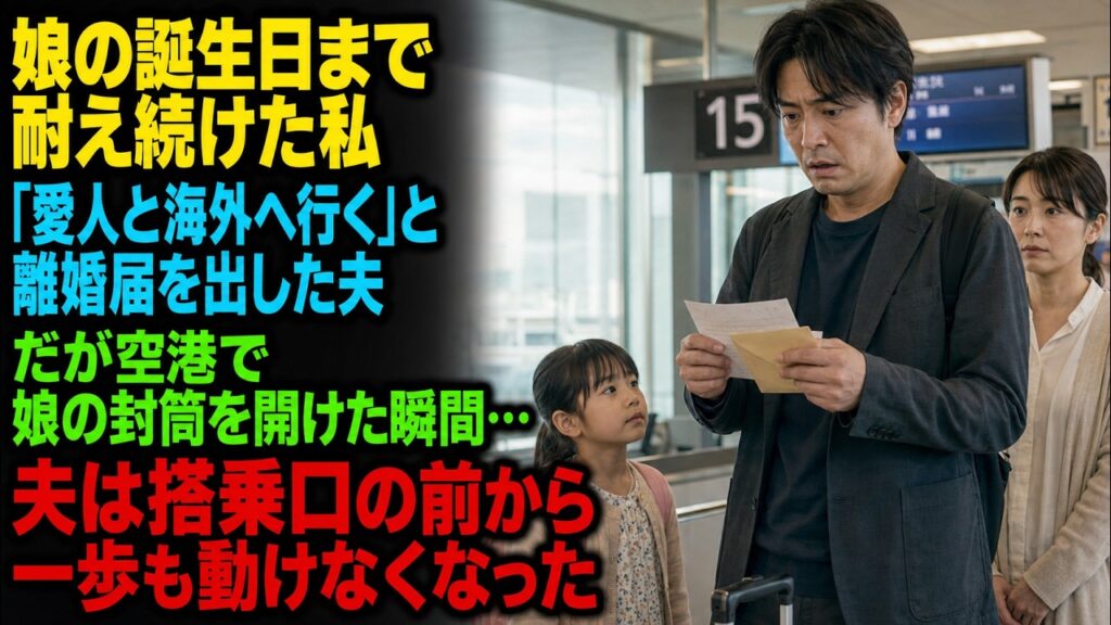 夫は娘の誕生日に離婚届を渡し、愛人と海外へ行くと宣言した。私は引き止めなかった。だが空港で娘から渡された小さな封筒を開けた夫は、搭乗口の前から一歩も動けなくなった。