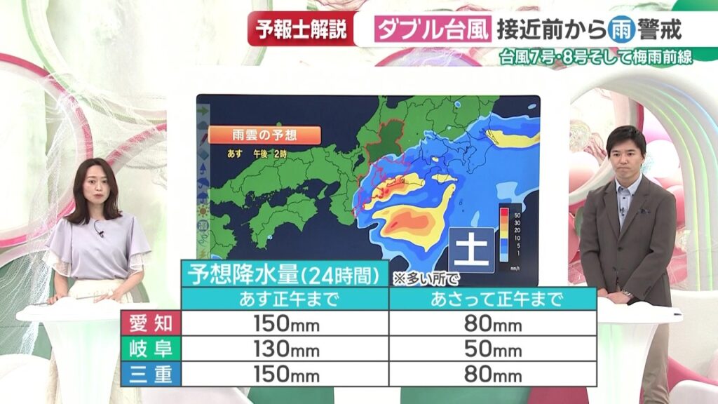 ダブル台風が27日に東海地方に最接近 梅雨前線による大雨の恐れも【気象予報士が解説】 ダブル台風が27日に東海地方に最接近 梅雨前線による大雨の恐れも【気象予報士が解説】