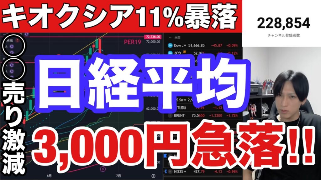【緊急】日経平均3000円急落‼AI半導体株大荒れでキオクシアまた11%急落。◯◯売りポジ激減要警戒か⁉円安加速でドル円161円。米国株もMU好決算でAI関連銘柄、GAFAM木端微塵。仮想通貨弱 【緊急】日経平均3000円急落‼AI半導体株大荒れでキオクシアまた11%急落。◯◯売りポジ激減要警戒か⁉円安加速でドル円161円。米国株もMU好決算でAI関連銘柄、GAFAM木端微塵。仮想通貨弱
