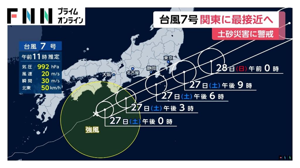 【台風情報】台風7号きょう夕方以降関東に最接近　レベル4土砂災害危険警報も　千葉では1時間55ミリの記録的雨（2026年06月27日）
