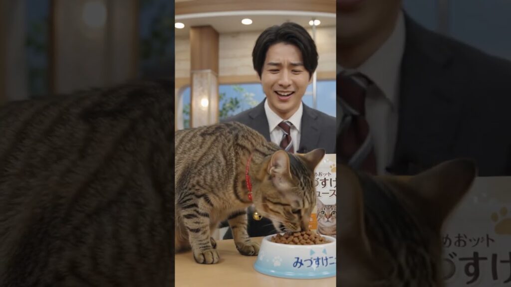 放送事故！ニュース番組に可愛い猫キャスター登場→まさかの実食開始