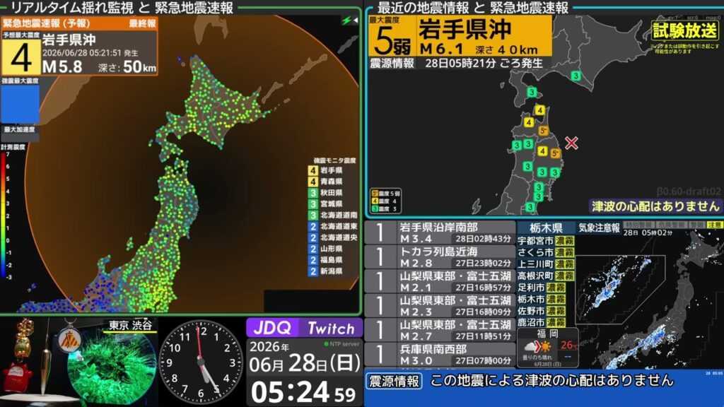 【強い地震】岩手県沖 震度5弱 M6.1(2026/6/28 5:21ごろ 切り抜きアーカイブ) 【強い地震】岩手県沖 震度5弱 M6.1(2026/6/28 5:21ごろ 切り抜きアーカイブ)