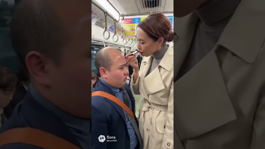 【放送事故】満員電車で前の男の頭を鏡にしてメイクを始めるデカすぎる美女ww #shorts