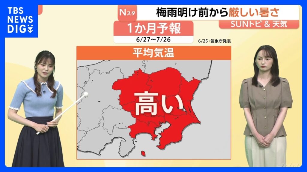 関東地方に台風が3つ接近する異例の6月　1か月予報　関東地方の平均気温は平年より高い予想　東京は1週間は梅雨空が続きその後晴れ間出る日が多くなる予想【SUNトピ】｜TBS NEWS DIG