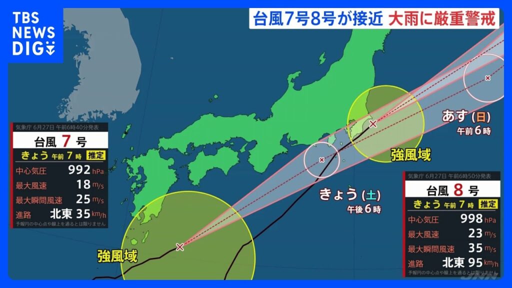 台風7号・8号が接近 関東甲信地方で大気の状態が非常に不安定に、長時間の大雨に厳重警戒 交通への影響の可能性も｜TBS NEWS DIG