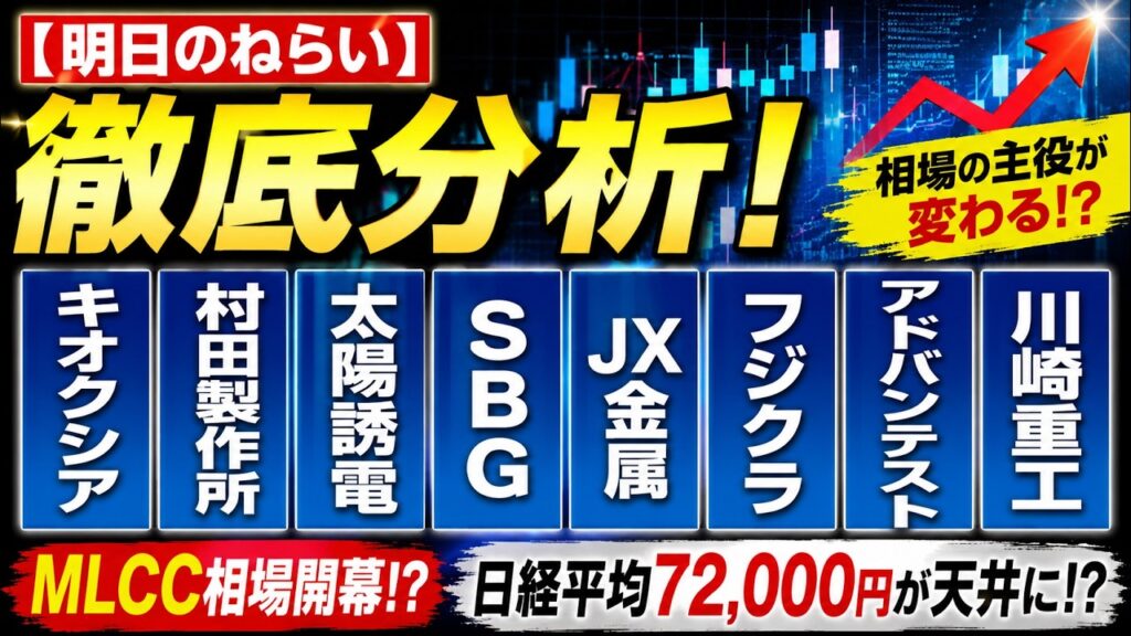 【明日のねらい】キオクシア・村田製作所・太陽誘電・SBG・JX金属・フジクラ・アドバンテスト・川崎重工を徹底分析！MLCC相場開幕！？日経平均72,000円が天井に！