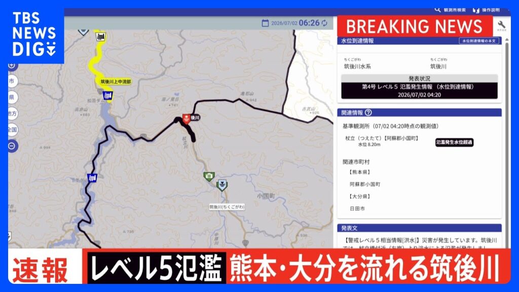 【速報】「レベル5氾濫発生情報」が熊本県と大分県を流れる筑後川に発表　｜TBS NEWS DIG
