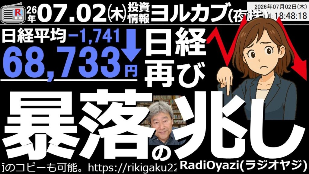【ヨル株！(投資情報)】日経平均は1,741円下落の68,733円で終了。6/23から始まった売り優勢の調整相場が、さらに本格化する(もっと下げる)恐れのある状況になった。285Aは25MA割り込み。
