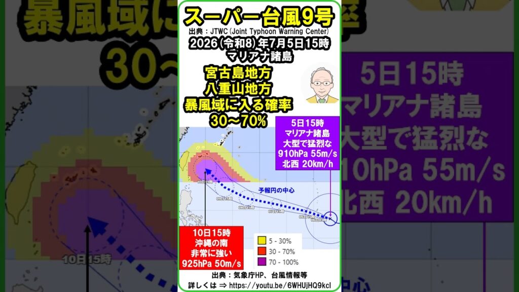 【速報　『スーパ－台風9号（JTWC）！　「①2026年7月10日15時、非常に強い勢力で、沖縄の南へ！　②暴風域に入る確率30～70%：宮古島・八重山地方！」と気象庁』】　5日15時　#shorts