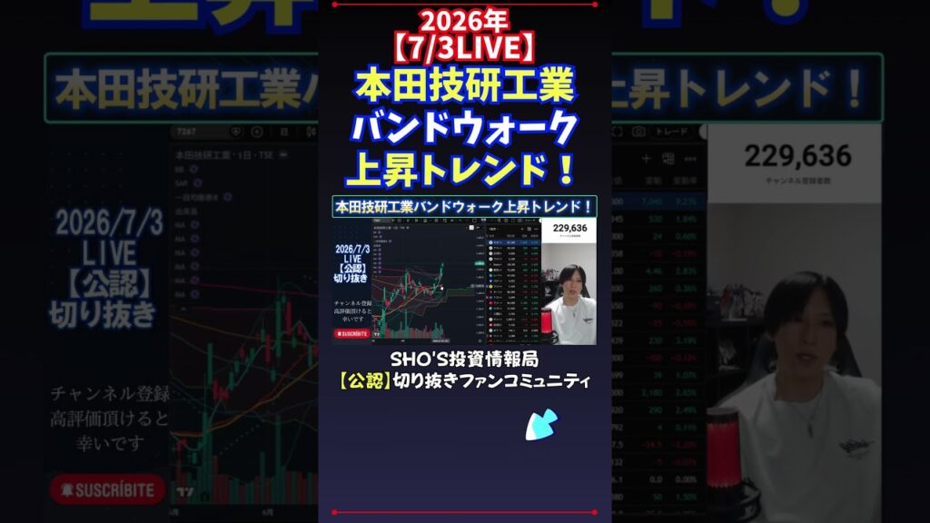 【7/3LIVE】本田技研工業バンドウォーク上昇トレンド！ #日経平均株価 #投資