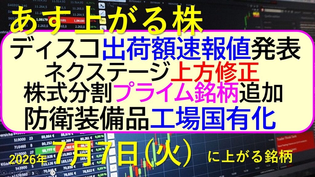 ディスコが出荷額速報値を発表。防衛装備品、工場を国有化へ。ネクステージが上方修正。株式分割追加。～あす上がる株　2026年７月７日（火）に上がる銘柄。最新の日本株情報。高配当株の株価やデイトレ情報