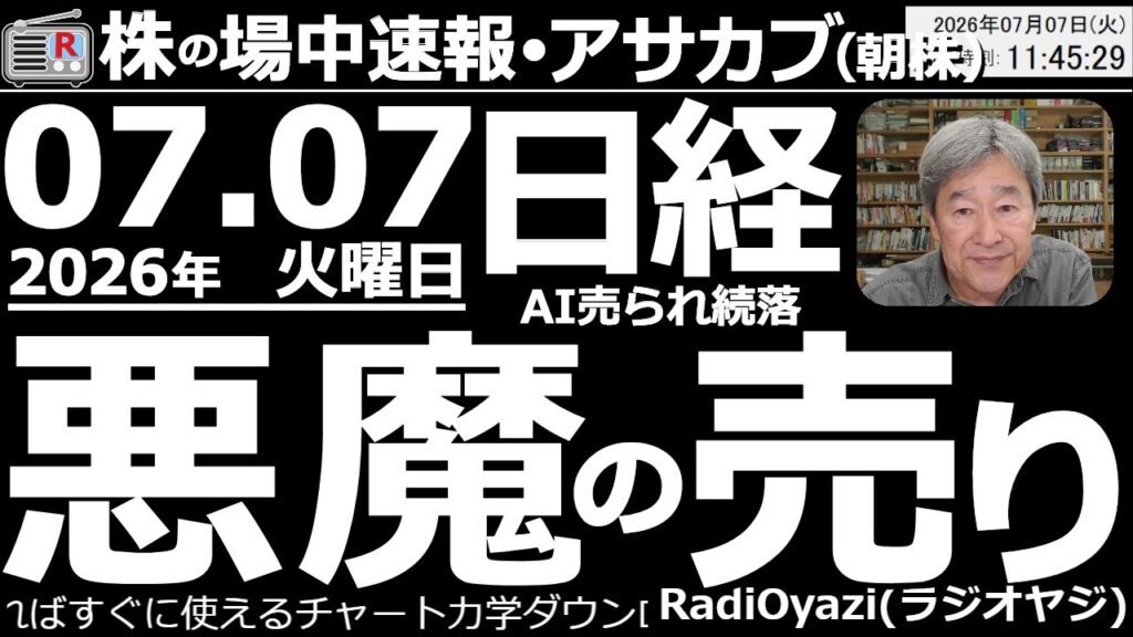 【朝株！(投資情報)】日経平均は、70,000円付近まで上昇したところで「悪魔の売り」が出て68,800円付近まで下落。その後は上昇できないまま「しょんぼり」している。285A続落。AI売り止まらず。