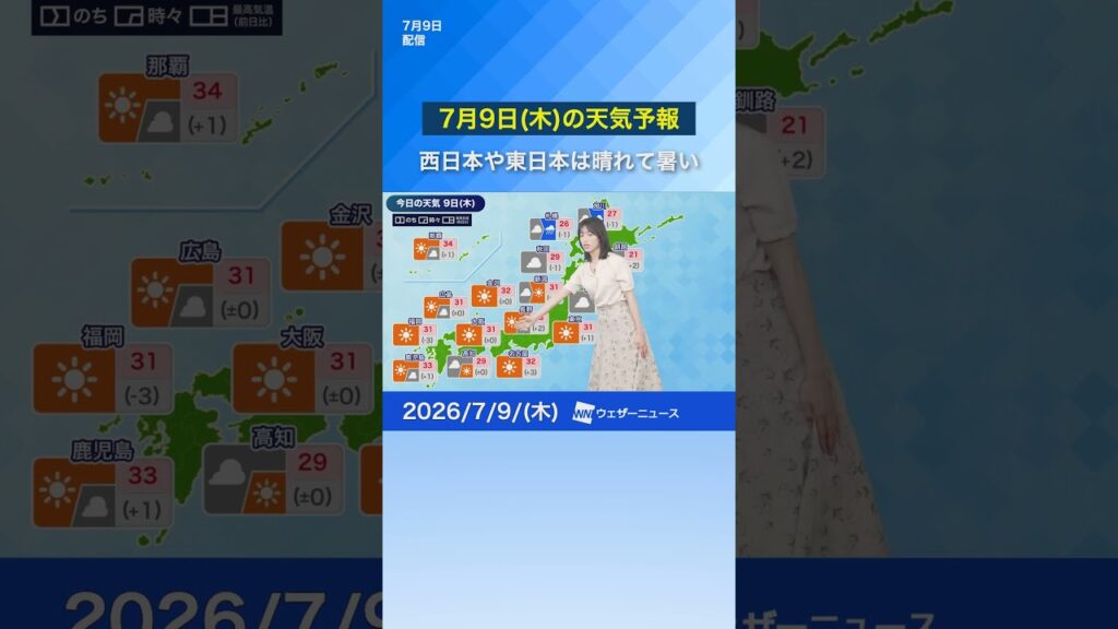 【7月9日(木)の天気予報】西日本や東日本は晴れて暑い　#news #通勤タイパ #今日の天気