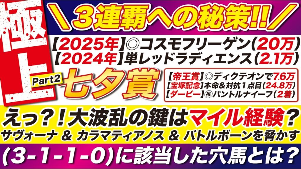🎯先週の◎ディクテオンに続け→【七夕賞2026予想】えっ？！大波乱の鍵はマイル経験？サヴォーナ ＆ カラマティアノスを脅かす（３-１-１-０）に該当した穴馬とは？