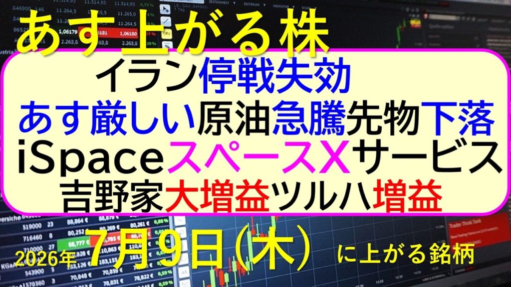 アメリカ・イランの停戦が失効！あす厳しい。原油急騰。先物下落。iSpaceがスペースXのサービス。～あす上がる株　2026年７月８日（水）に上がる銘柄。最新の日本株情報。高配当株の株価やデイトレ情報