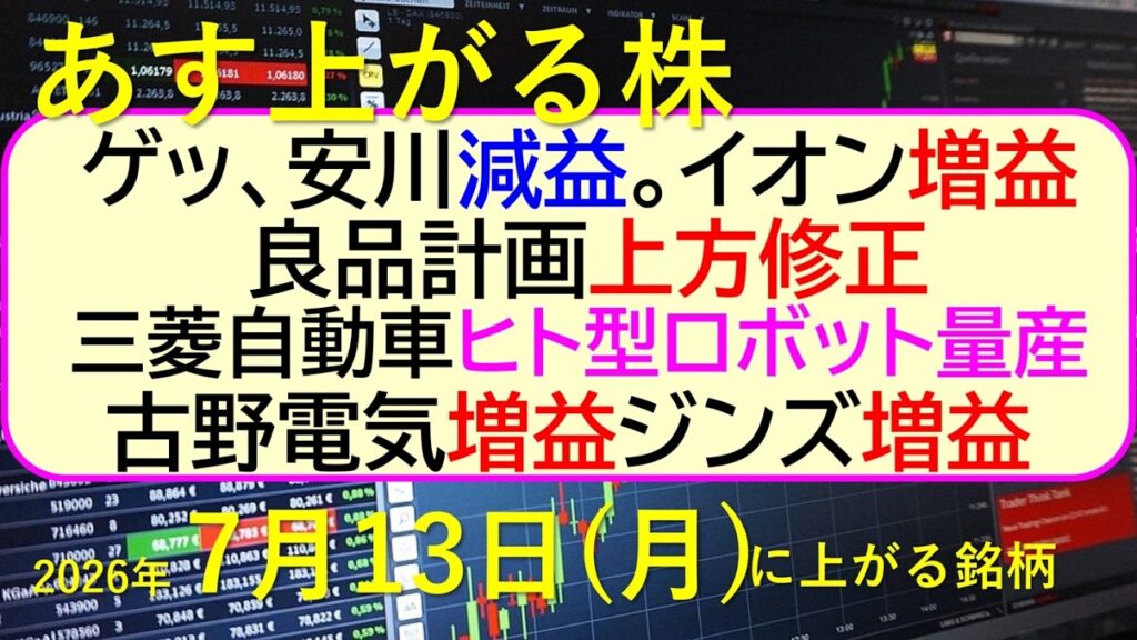 安川減益。イオン増益。良品計画上方修正。三菱自動車がヒト型ロボット量産。古野電気増益。ジンズ増益。~あす上がる株 2026年7月13日(月)に上がる銘柄。最新の日本株情報。高配当株の株価やデイトレ情報 安川減益。イオン増益。良品計画上方修正。三菱自動車がヒト型ロボット量産。古野電気増益。ジンズ増益。~あす上がる株 2026年7月13日(月)に上がる銘柄。最新の日本株情報。高配当株の株価やデイトレ情報