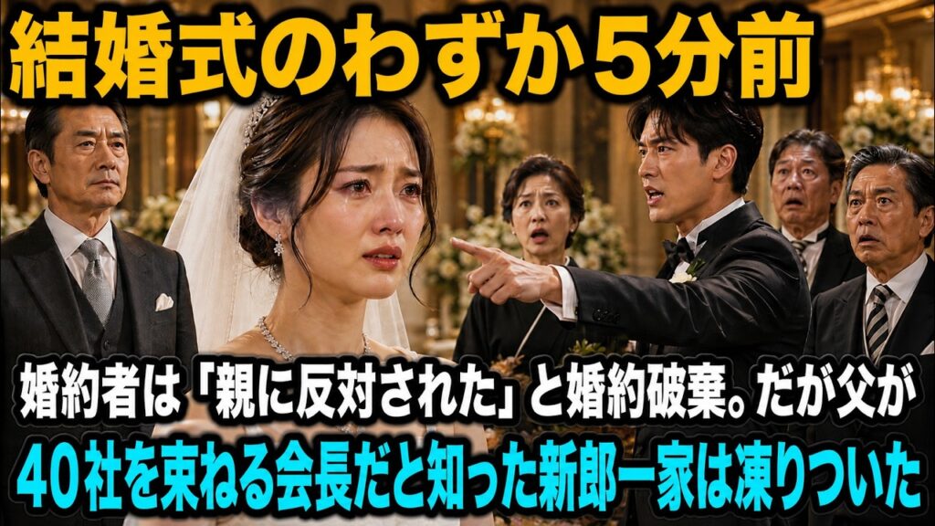 結婚式のわずか5分前、婚約者は「両親に反対された」と突然婚約破棄を宣言。だが父が40社を束ねる会長だと明かした瞬間、新郎一家は言葉を失い凍りついた…